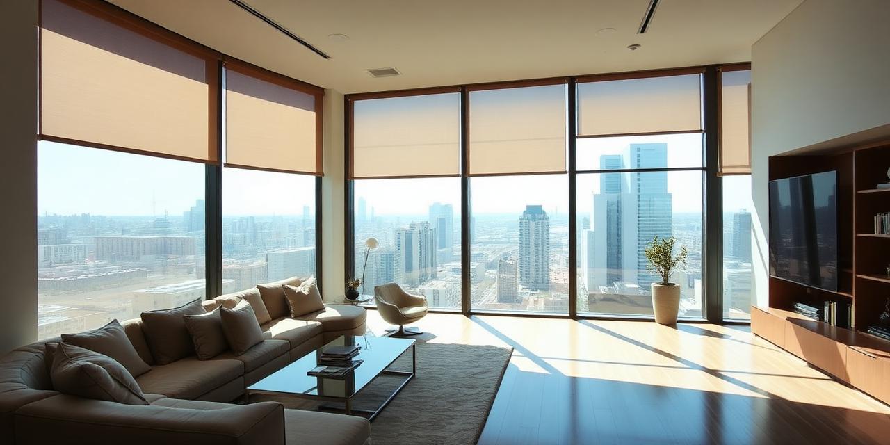 Screen shades reducing glare in a bright living room with large windows