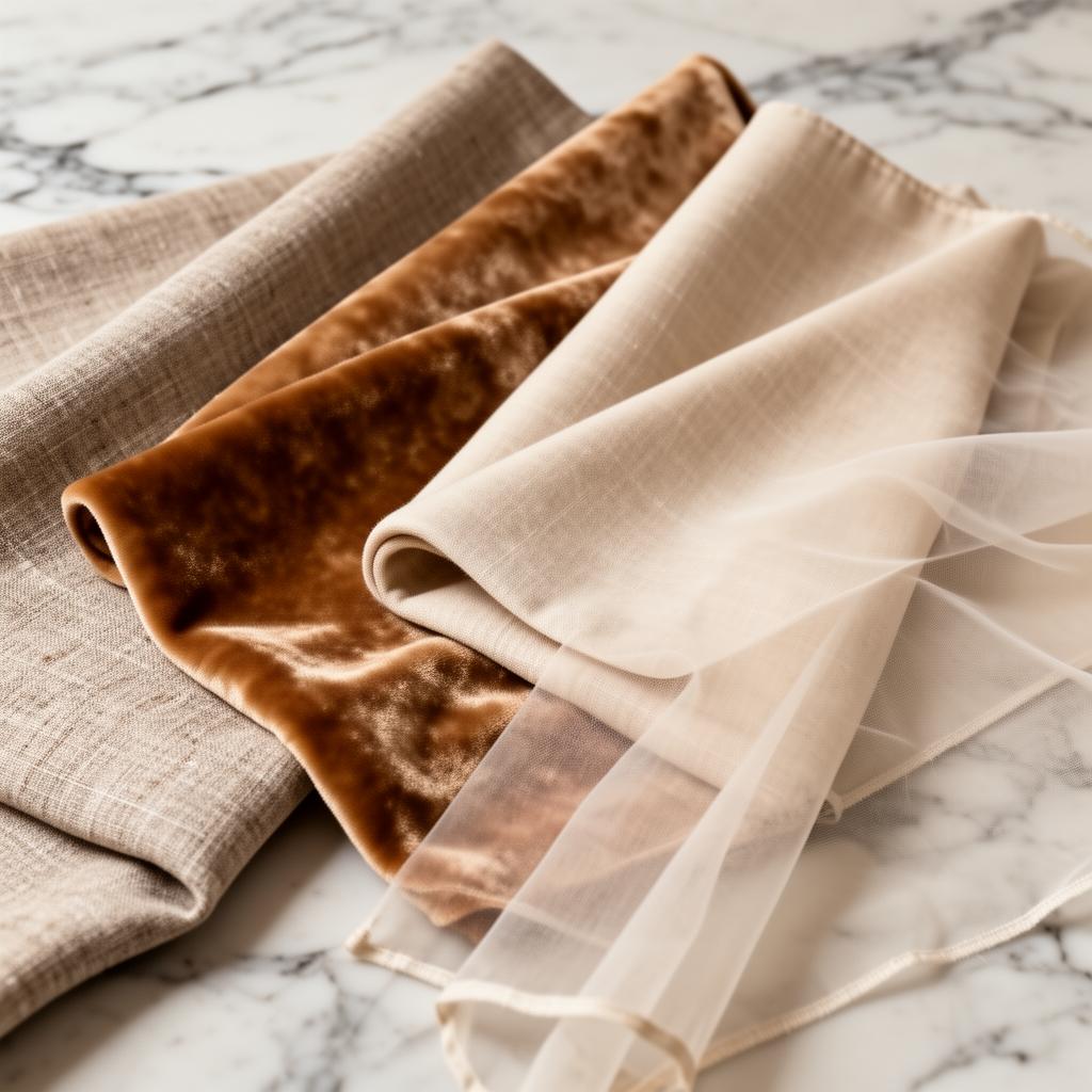 Premium drapery fabric swatches including linen, velvet, cotton and sheer