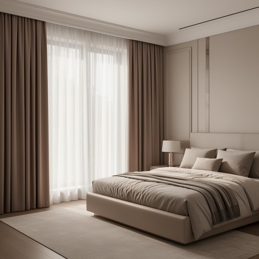 Layered drapery with sheers and lined curtains in a luxury bedroom