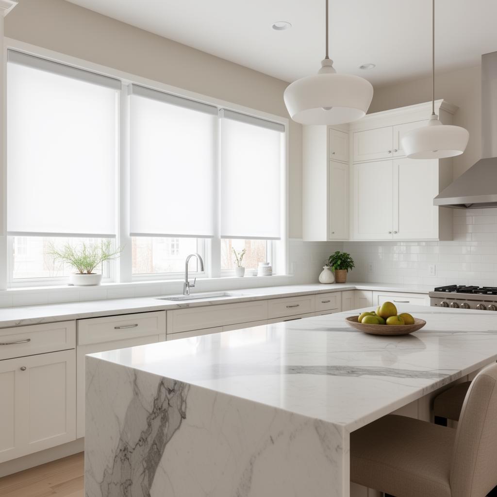 Modern kitchen with custom roller shades filtering natural light