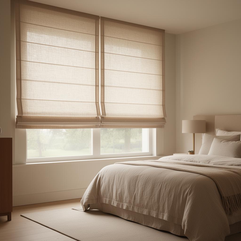 Elegant bedroom with roman shades in neutral linen fabric