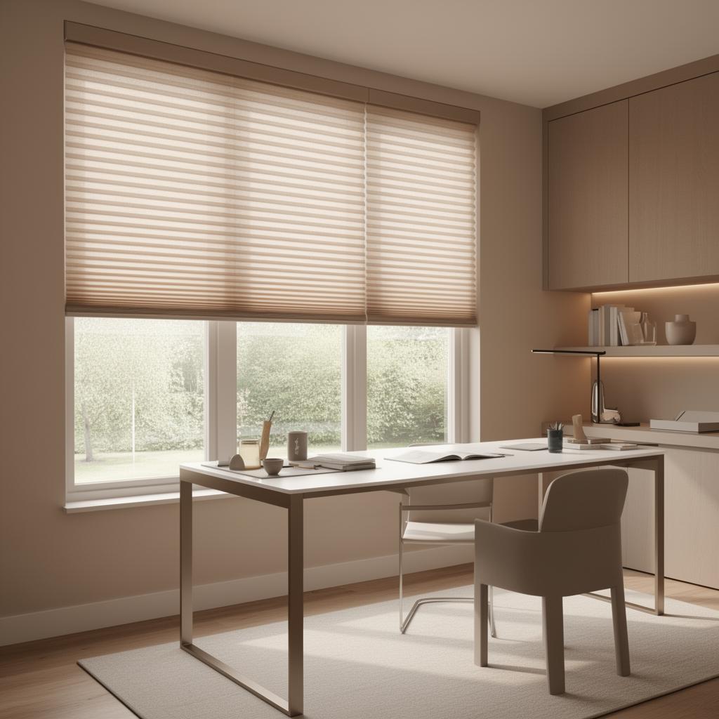 Home office with honeycomb cellular shades for energy efficiency