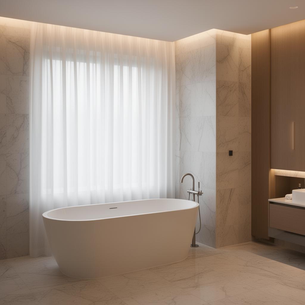 Spa-like bathroom with moisture-resistant sheer shades