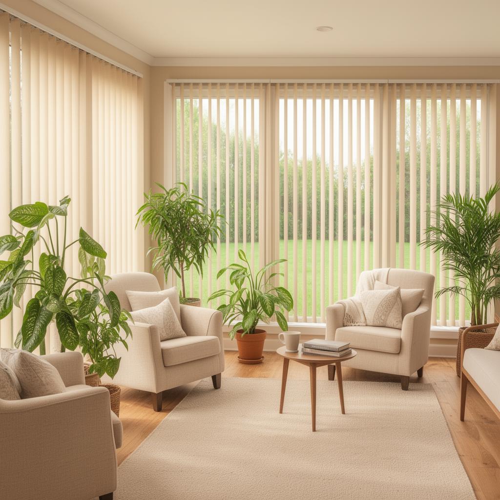 Sunroom with vertical blinds for patio door light control